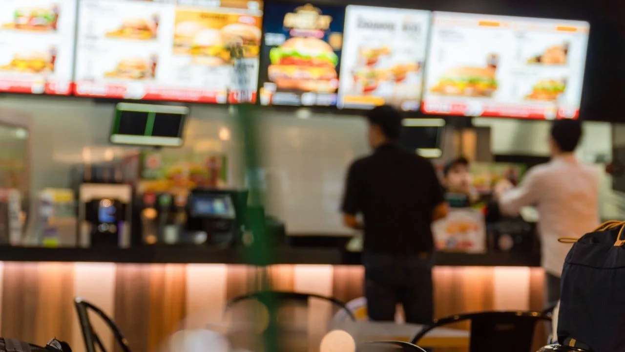 Modern QSR with digital menu boards and kitchen displays