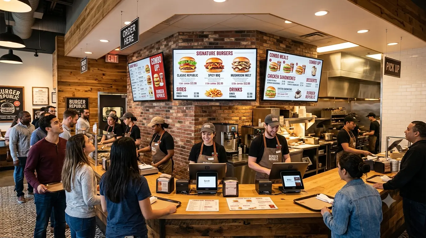 Multi-screen QSR digital menu board wall